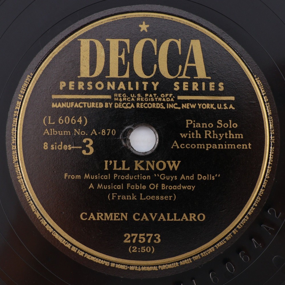 Carmen Cavallaro – Selections From Guys And Dolls 78 rpm 10" Record Disc 2 Only